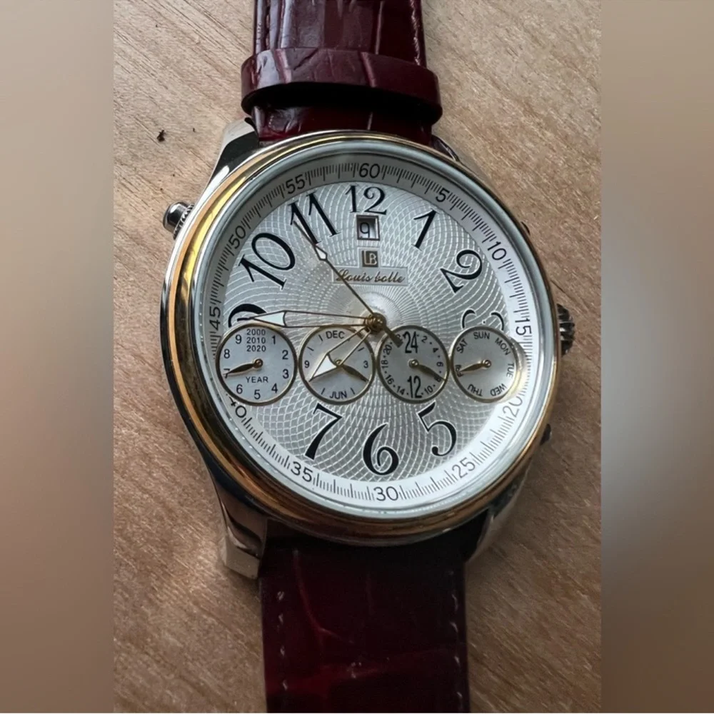 Louis Bolle Men's Automatic Chronograph Style Silver Dial Two-Tone Case Leather